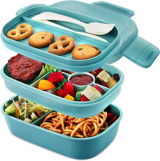 Lunchbox per adulti, 1900 ml, bento box per adulti e bambini, contenitore per pane con cassette, lunchbox impermeabile, lunchbox a tre strati per lavoro, picnic, scuola, viaggi (blu)