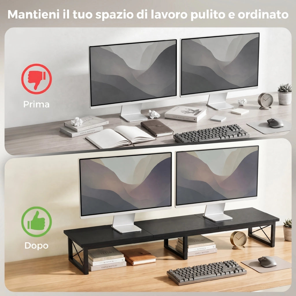 Supporto Monitor da Scrivania 114x30x16,5 cm Rialzo in Legno e Metallo Nero