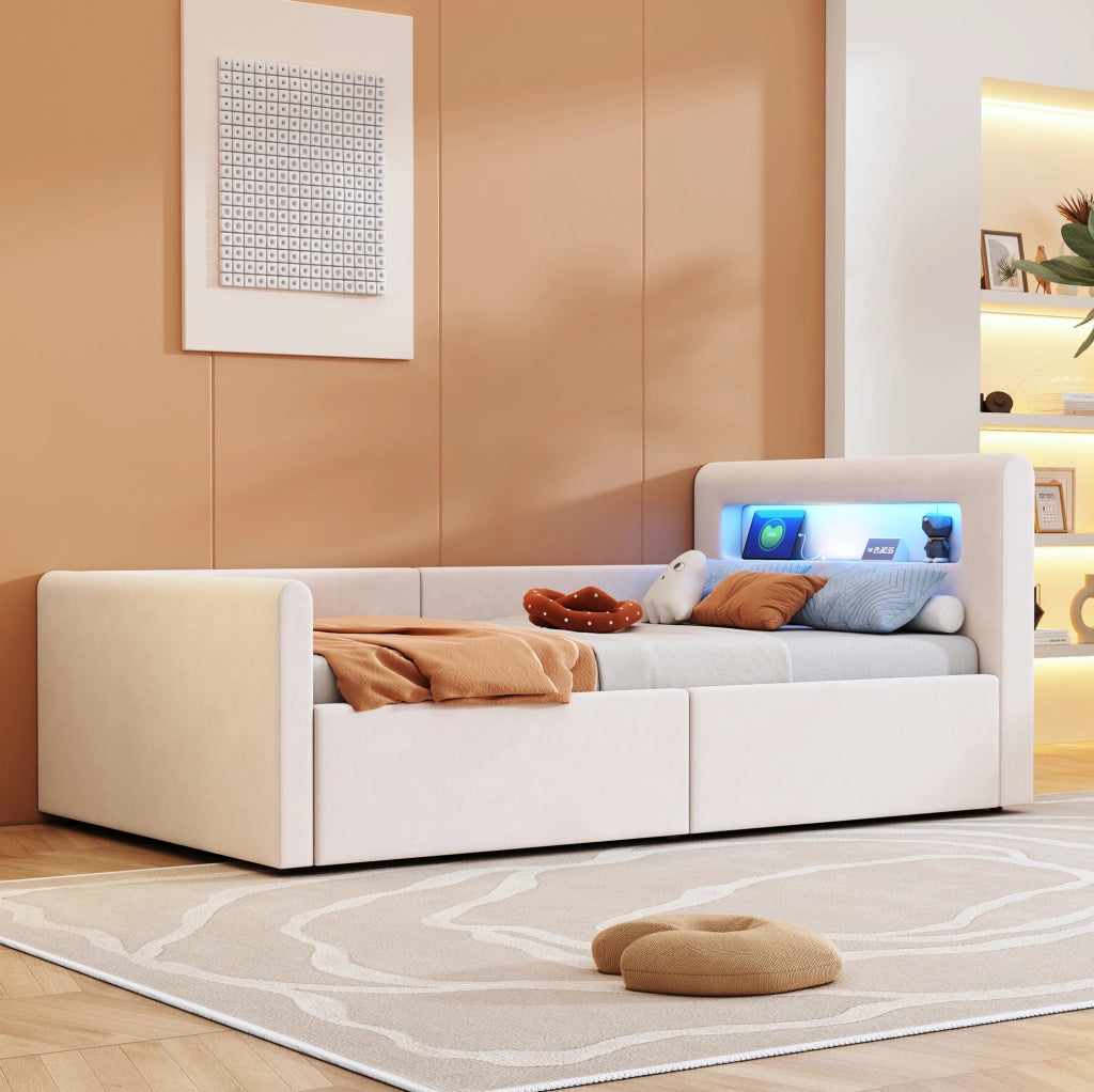 Letto imbottito per bambini 90x200 cm beige con LED, USB e contenitore idraulico