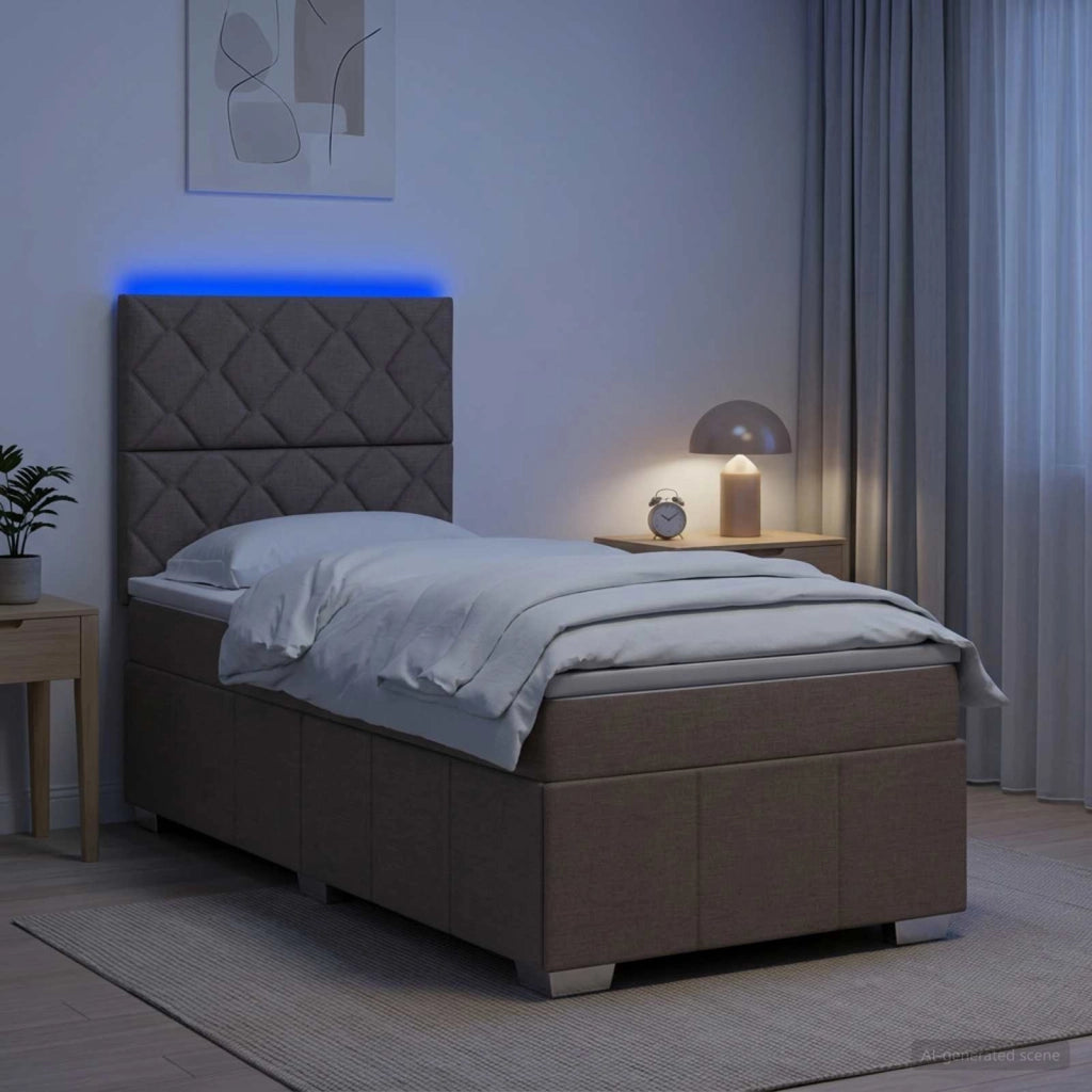 Letto Box Spring LED con Materasso Tortora 100 x 200 cm Tessuto 3455546