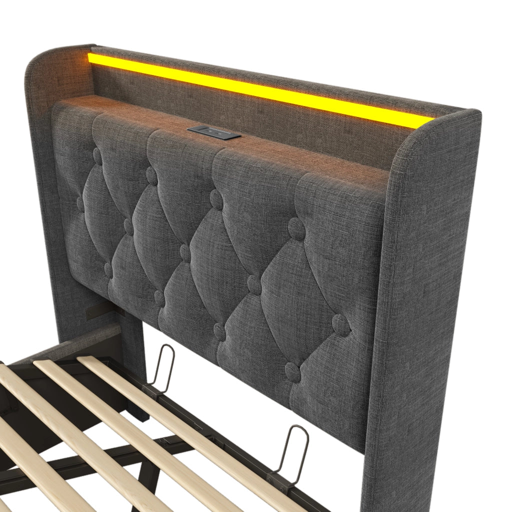 Letti contenitori 90x200 cm; LED 360°; contenitore idraulico; lino grigio (Senza materasso)