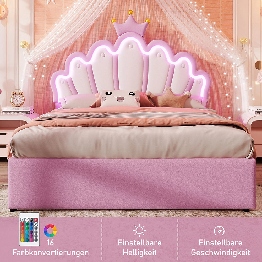 Letto matrimoniale-Xylo-140x200 cm-2 cassetti, LED, testiera corona, PU rosa