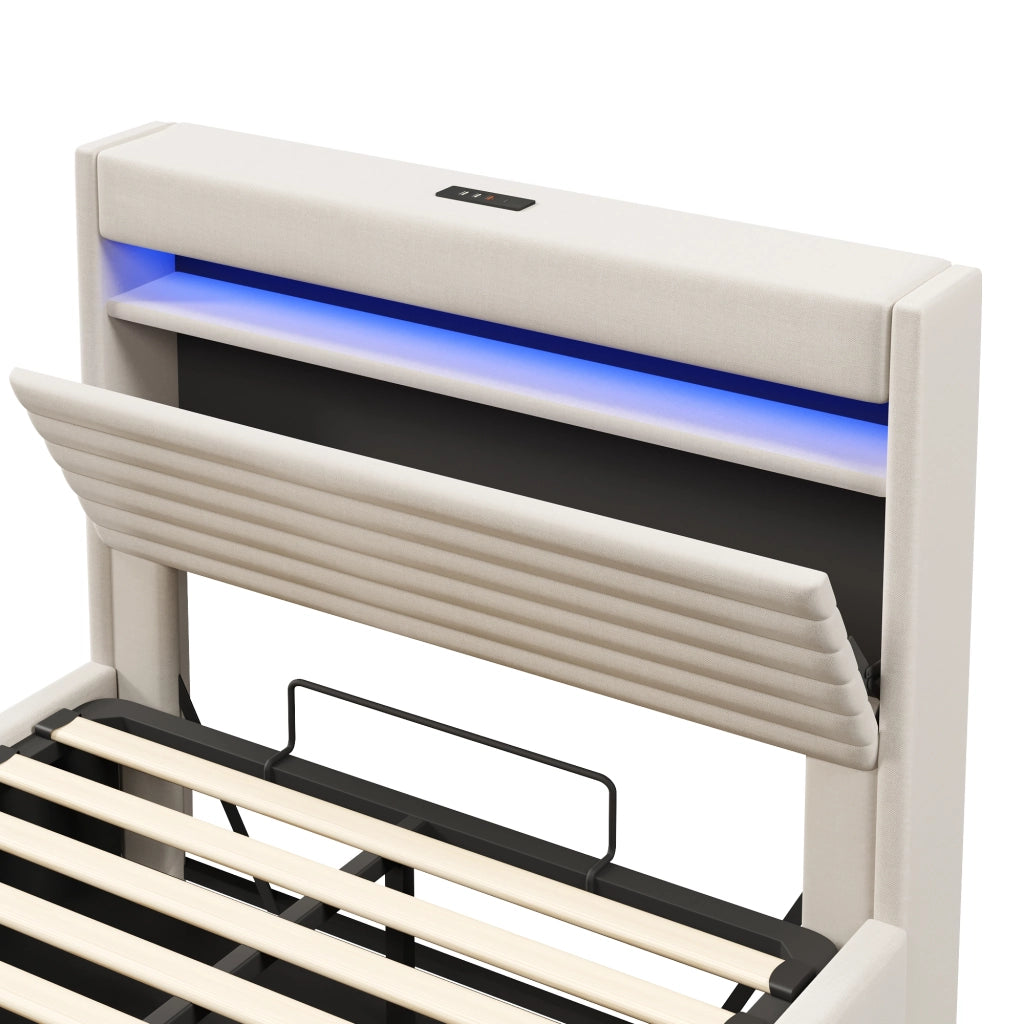 Letto Contenitore 140x200 cm; Letto Matrimoniale; USB; Tipo C e LED Regolabile - Beige