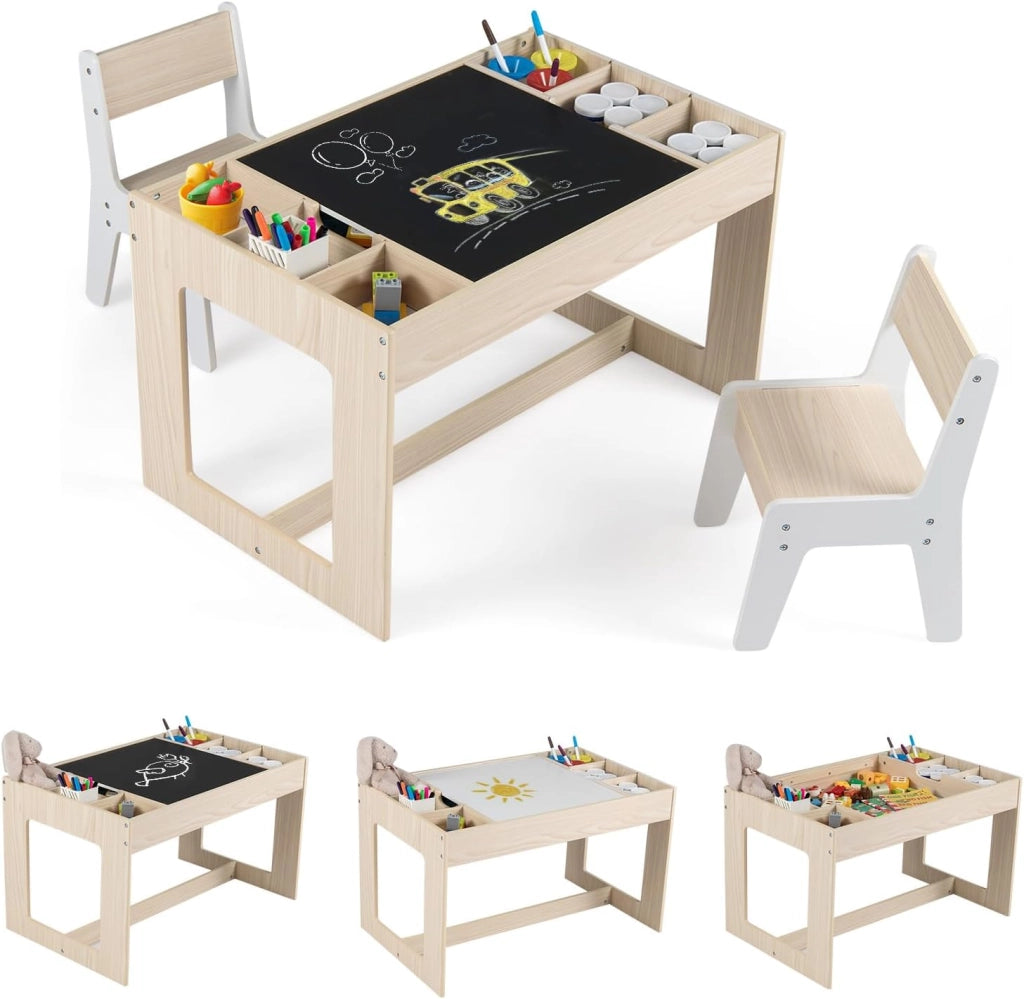 Set Tavolo Multifunzionale per Bambini e 2 Sedie, Tavolo e Sedie in Legno con Piano Doppio Rimovibile, Lavagna Nera & Lavagna Bianca, Compartimenti Laterali con Divisori Staccabili (Naturale)
