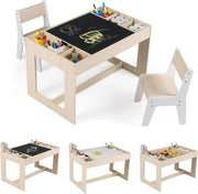 Set Tavolo Multifunzionale per Bambini e 2 Sedie, Tavolo e Sedie in Legno con Piano Doppio Rimovibile, Lavagna Nera & Lavagna Bianca, Compartimenti Laterali con Divisori Staccabili (Naturale)