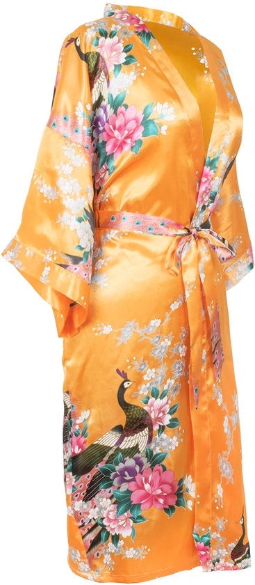 Kimono Badjas con V-collo e Maniche 3/4 - Piuma Leggera con Tessuto Satinato e Disegno Pappagallo - Vivrai un'esperienza di rilassamento con questa comoda e sexy badia di seta (Arancione)