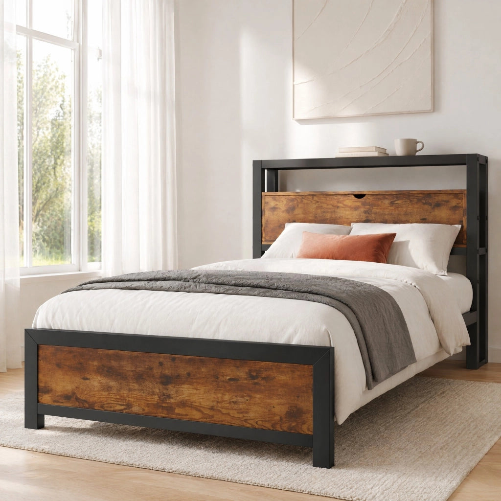 LETTO 90x200 cm in metallo e legno con testiera contenitore, naturale