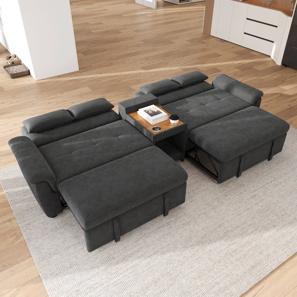 Divano letto a U multifunzionale in chenille, grigio scuro, con doppio letto estraibile, 3 posizioni dello schienale, area per animali domestici e 2 portabicchieri