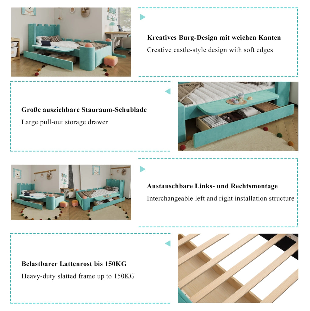 Letto singolo imbottito per bambini 90x200 cm blu-verde