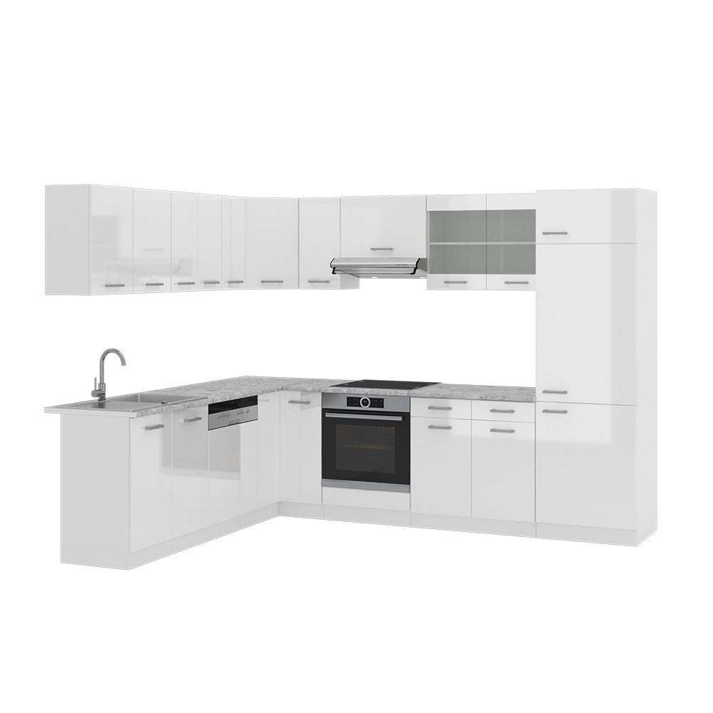 Cucina angolare completa R-Line Bianco lucido/Bianco 287 x 227 cm, PL Marmo Vicco