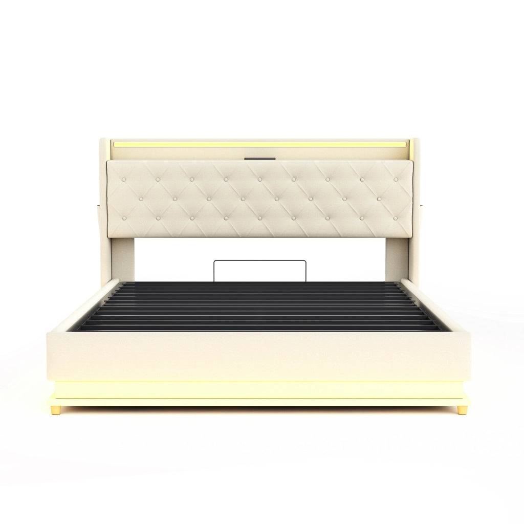 LETTO Imbottito 160x200 cm Beige con LED, USB e contenitore idraulico