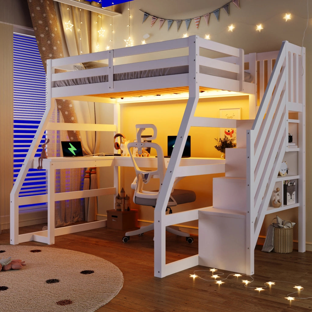 Letto a soppalco 90x200 cm con scrivania, LED e scala contenitore