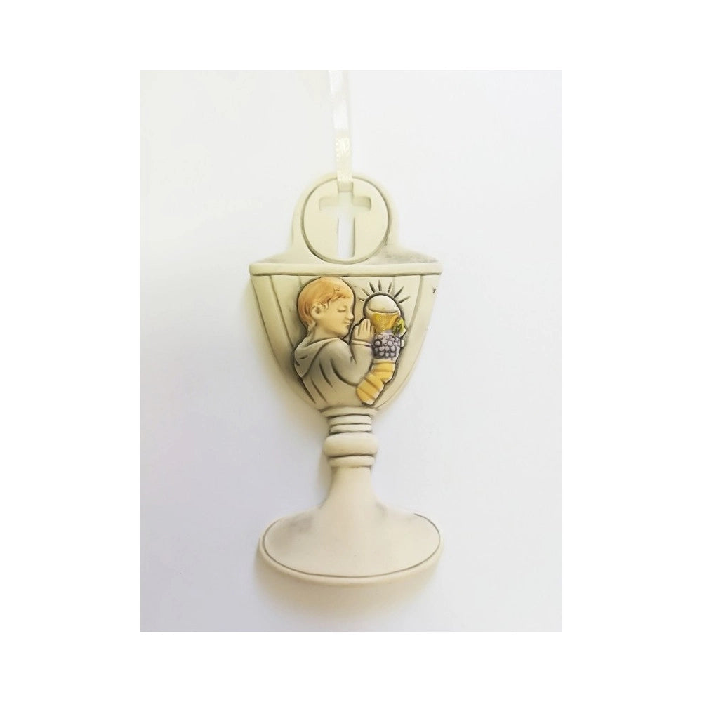 Trade Shop - Set 12 Bomboniere Comunione Bambino Calice Eucarestia Bianco Ceramica Appendino -