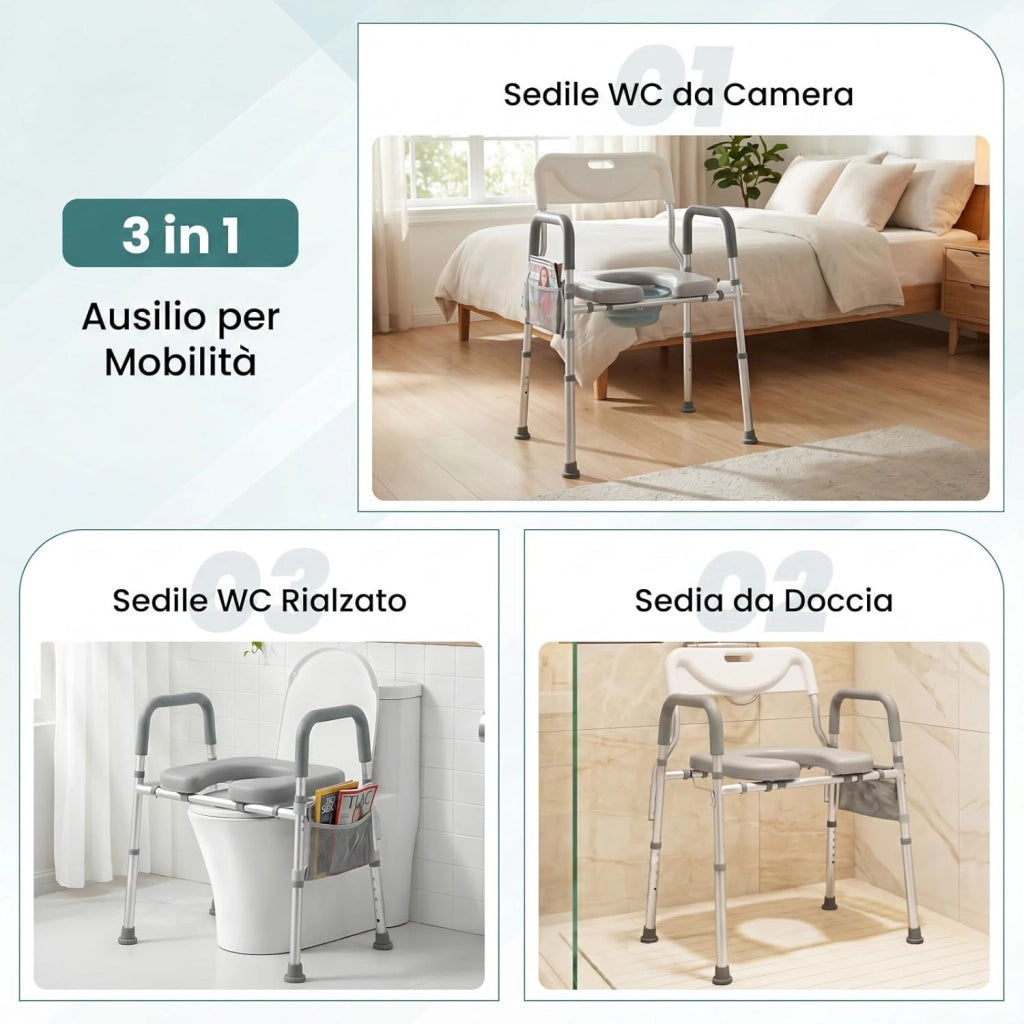 Ringhiera di Sicurezza per WC portata 136 kg, Barra Bagno in Alluminio con Altezza Regolabile 49-59 cm, Maniglie Antiscivolo e Schienale Rimovibile, Sedile WC per Anziani e Donne Incinte