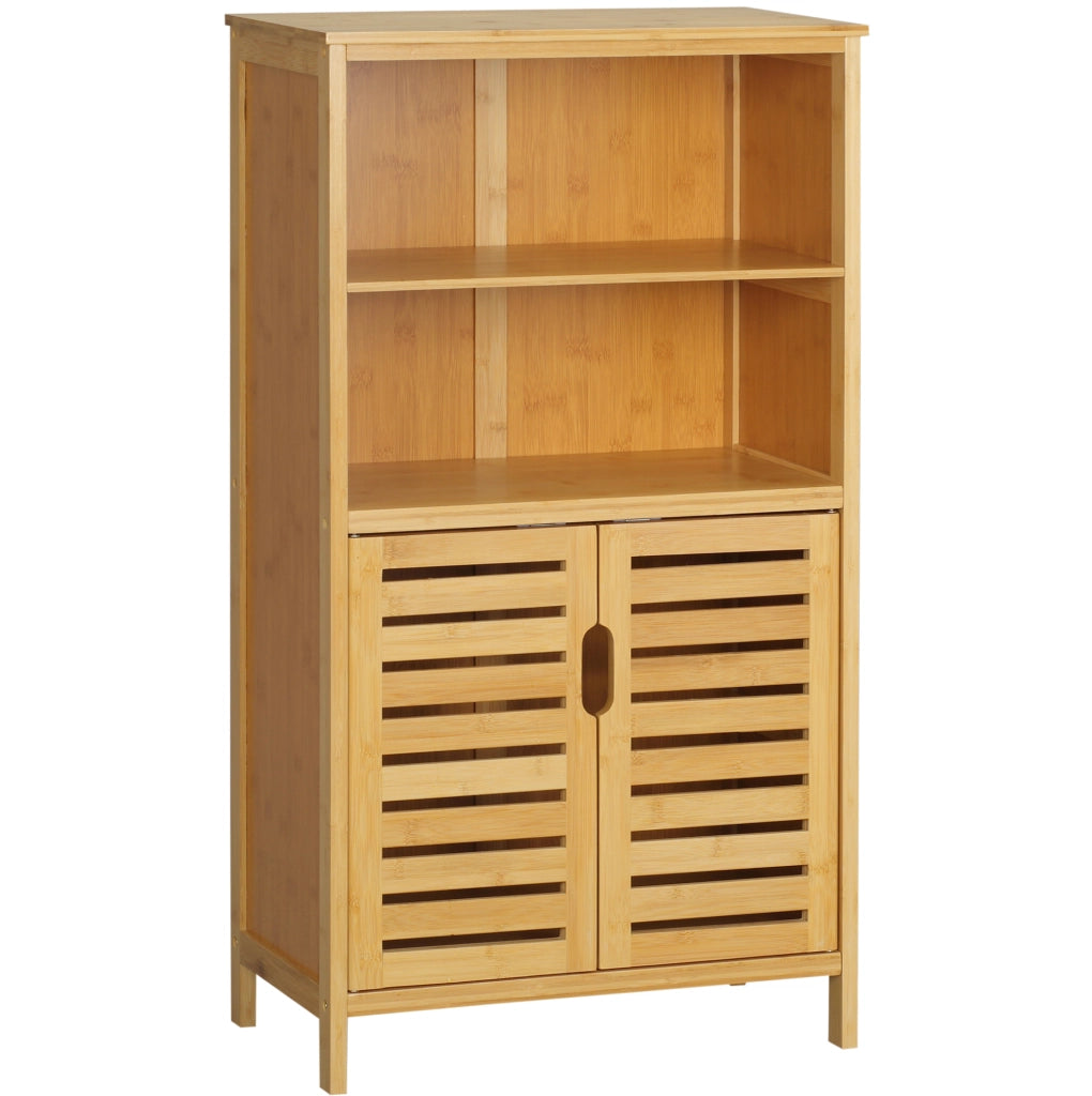Mobiletto bagno 50x29x92 cm con 2 vani aperti e armadietto doppio; bambù naturale