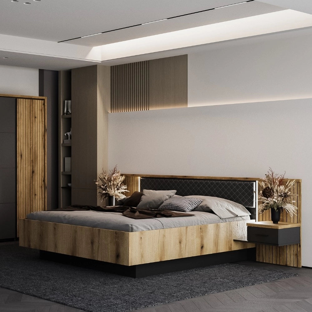 Struttura letto matrimoniale Esteban296 con boiserie dogata, LED e comodini integrati rovere e antracite per rete 180x200 cm