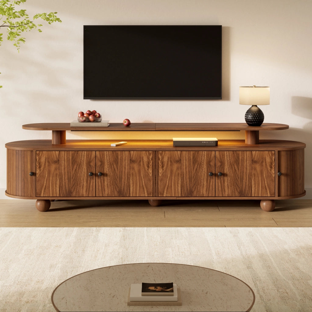 Mobile porta TV ovale con 4 ante centrali e 2 ante scorrevoli laterali con LED per soggiorno in MDF noce 180 × 40 × 48 cm