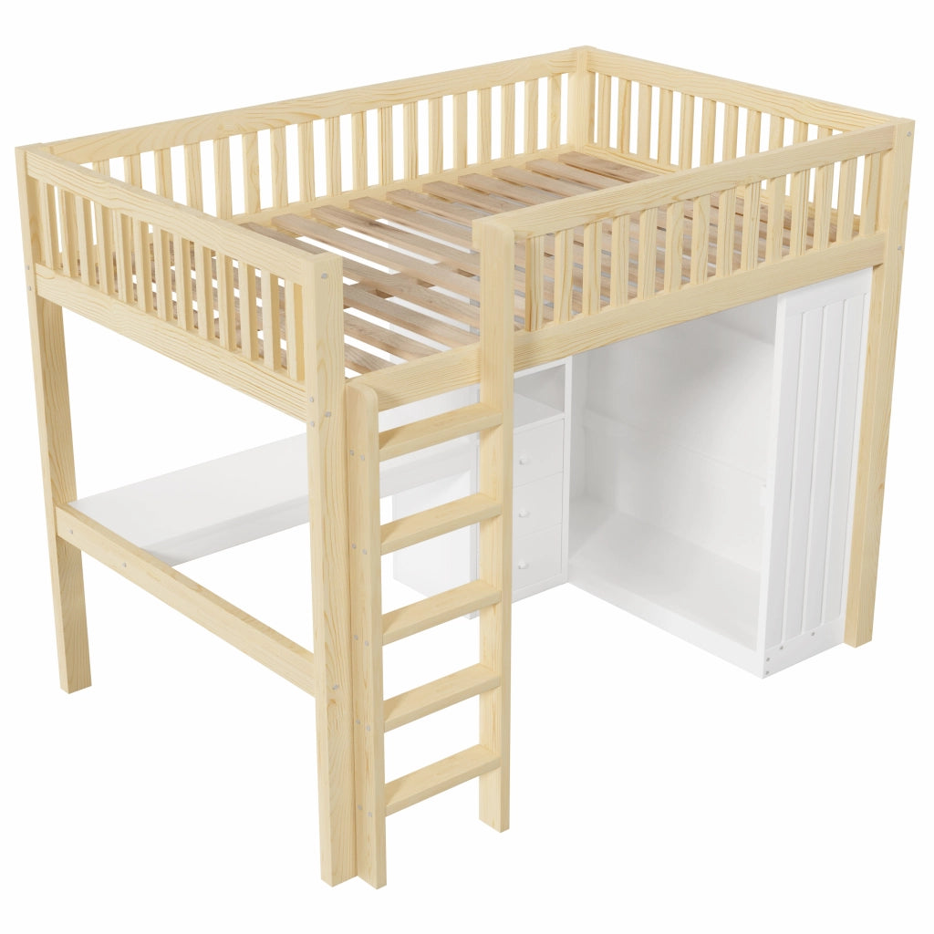 Letto a soppalco matrimoniale 140×200 cm con scrivania; armadio; 3 cassetti; scala e sbarre; senza materasso