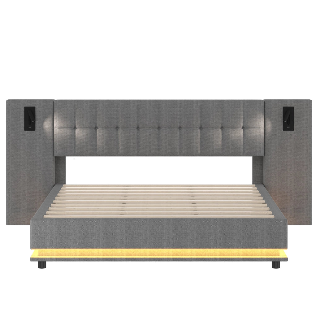 Letto imbottito 180x200 cm con LED; spot e USB in lino grigio