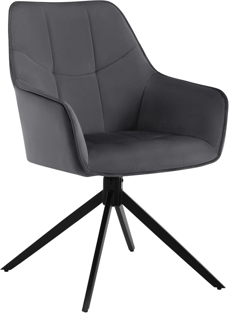 Sedia da Pranzo con Braccioli, Poltroncina con Gambe in Metallo, Sedia da Cucina con Schienale e Seduta Girevole, per Salotto, Studio, in Velluto, Grigio Scuro, EZS09dgr-1