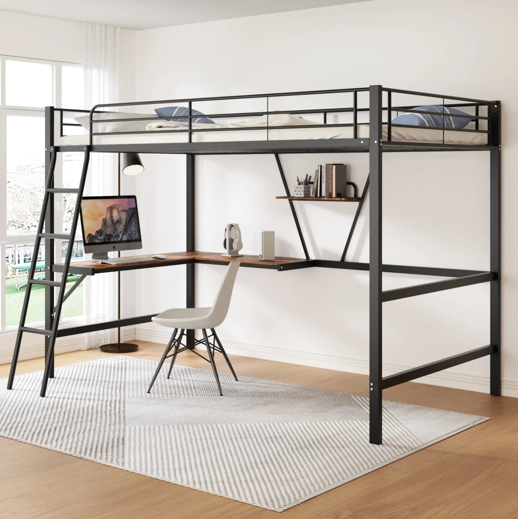 Letto a soppalco con scrivania a L e ripiano 90x200 cm; metallo e MDF; nero