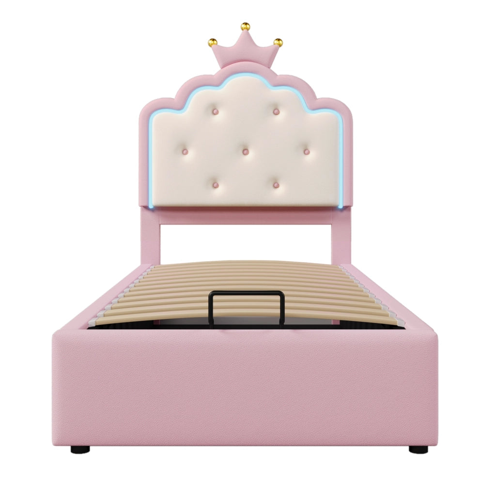 Letto imbottito 90x200 cm; luci LED ambientali e contenitore idraulico; PU; rosa (Senza materasso)