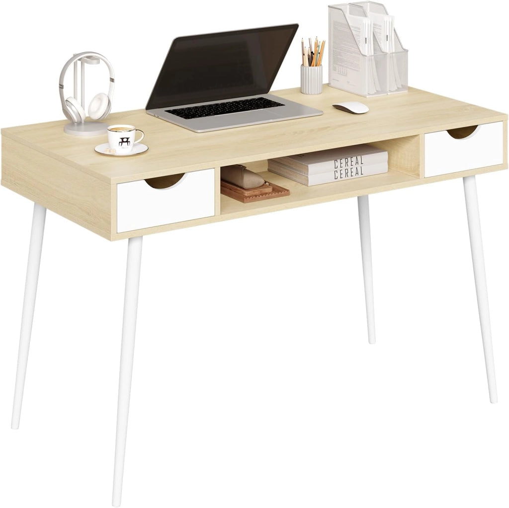 Scrivania Bianca con 2 Cassetti e Ripiano - 120x58x75cm Tavolo Quercia PC per Soggiorno - Telaio Metallo