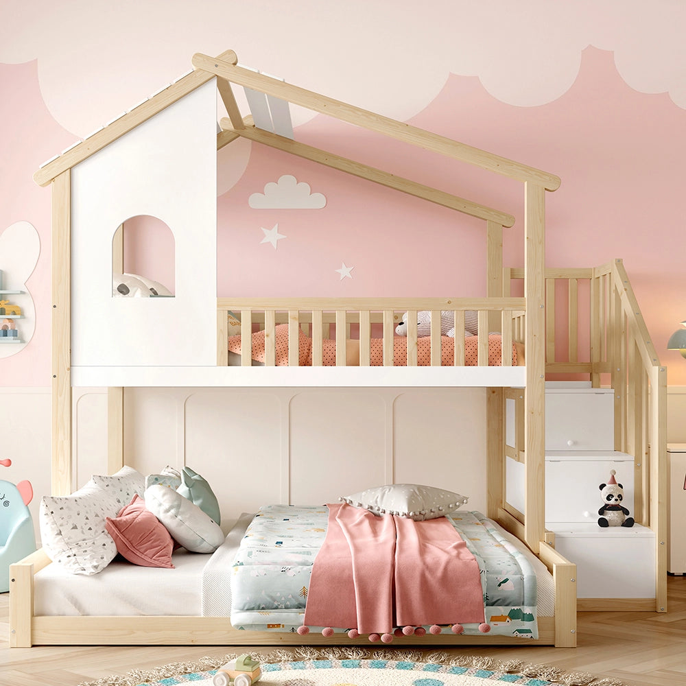 Letto a castello 90+140x200cm - Xylo - naturale/bianco, scala-ripiano, finestra
