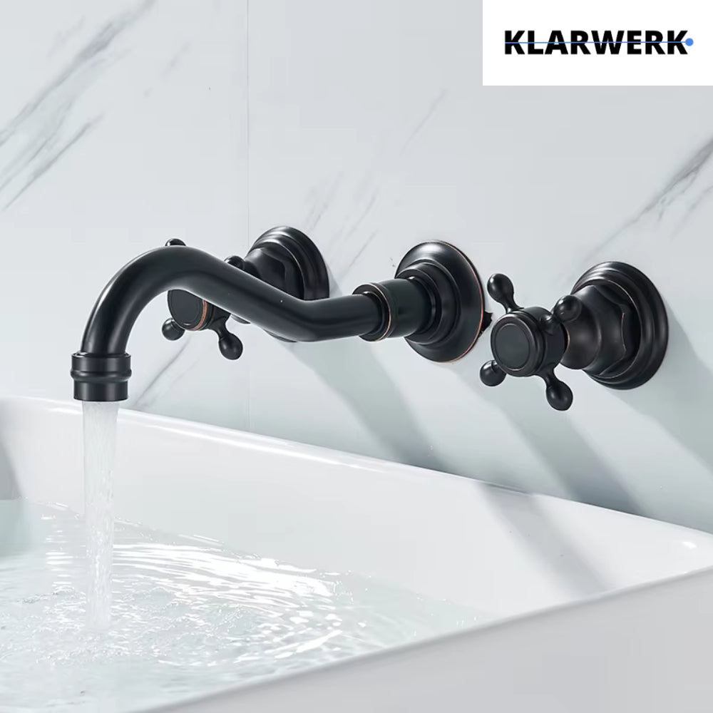 JULIAN | Rubinetto da bagno vintage a 3 fori a parete nero opaco | in acciaio inossidabile retrò da cucina | Antico miscelatore a parete a 2 maniglie