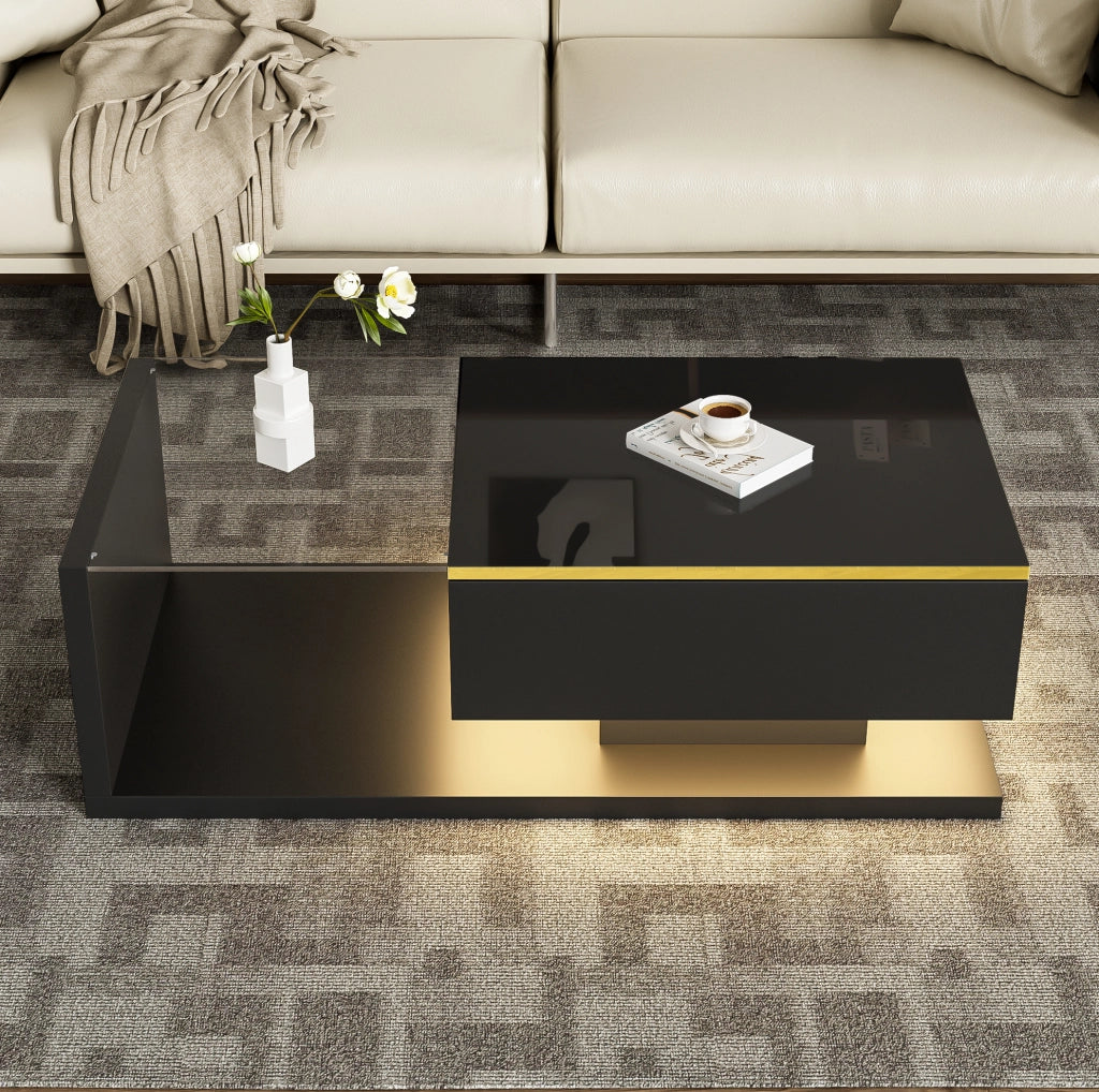 Tavolino da caffè nero lucido 100 x 50 cm con vetro e LED multicolore