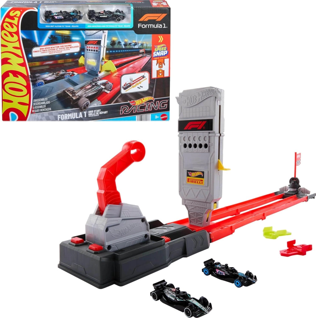 Hot Wheels Racing Formula 1 - Griglia di Partenza, set pista con 2 macchinine da F1 incluse, griglia e torre di partenza