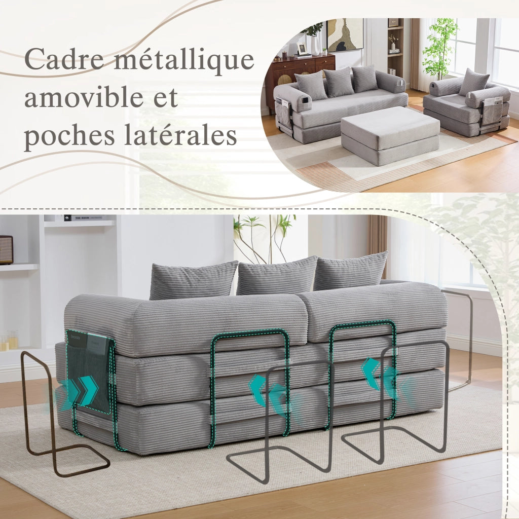 Divano modulare con pouf; tasca laterale e cuscini - in corduroy grigio chiaro