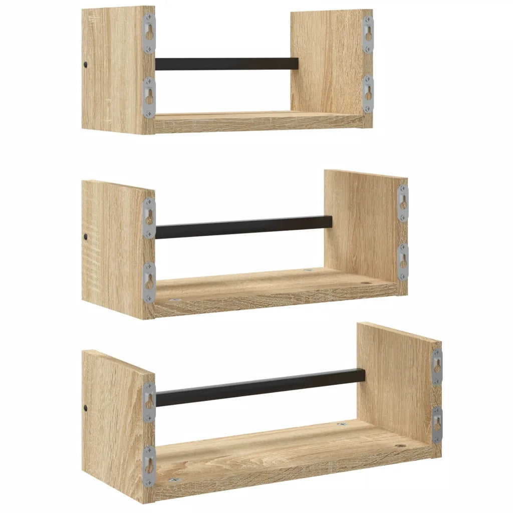 Set di 3 mensole da parete con barre in rovere Sonoma, legno ingegnerizzato 835445
