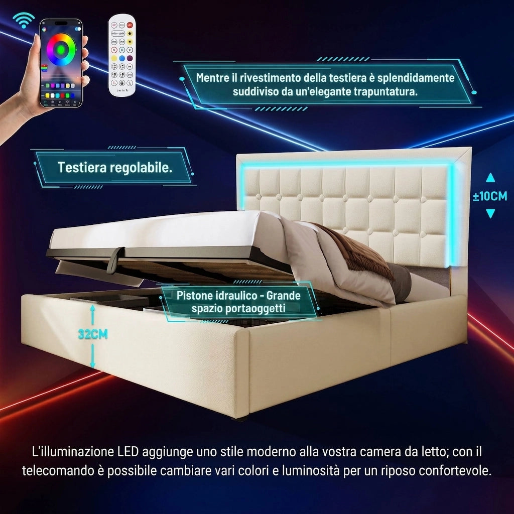 Letto matrimoniale contenitore 160x200 con luci LED smart; letto in ecopelle bianco