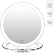 Specchio di trucco con luce, specchio elettrico a doppia faccia 10x/1x ingrandente, 3 colori di luce, LED, per ufficio e viaggio