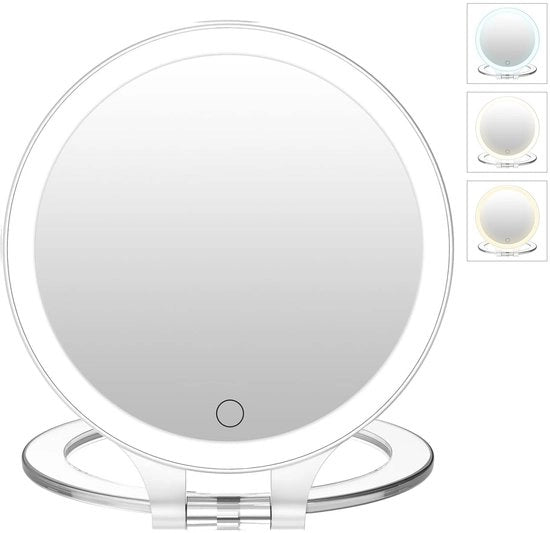 Specchio di trucco con luce, specchio elettrico a doppia faccia 10x/1x ingrandente, 3 colori di luce, LED, per ufficio e viaggio