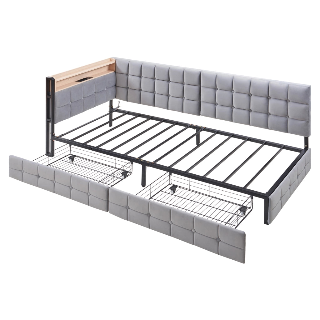 OKWISH Letto Divano 90×200 cm, Letto Singolo con 2 Cassetti, LED Regolabile e USB e Tipo C, senza Materasso, in Tessuto, Grigio