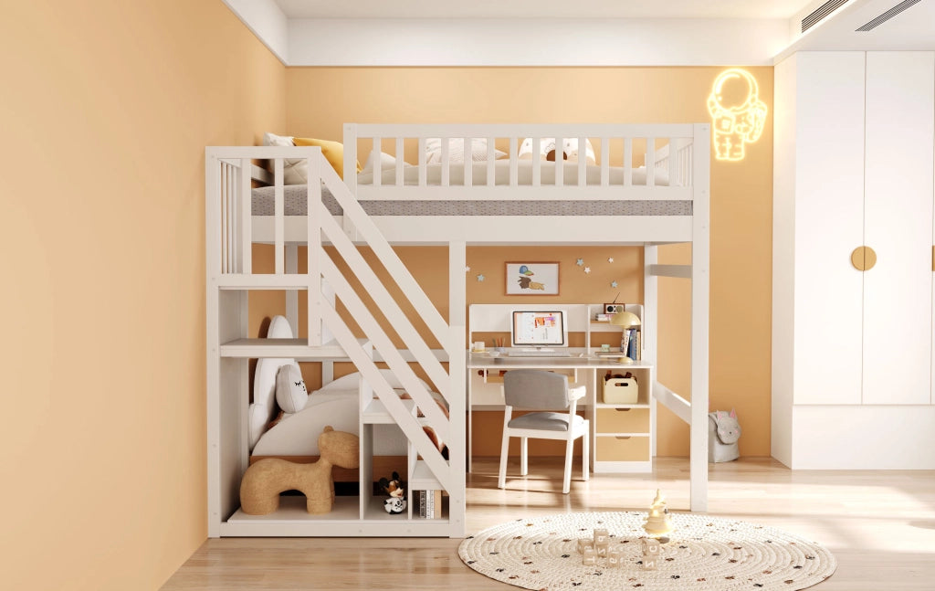 LETTO a soppalco 140x200 cm con scala contenitore, bianco, per bambini e ragazzi