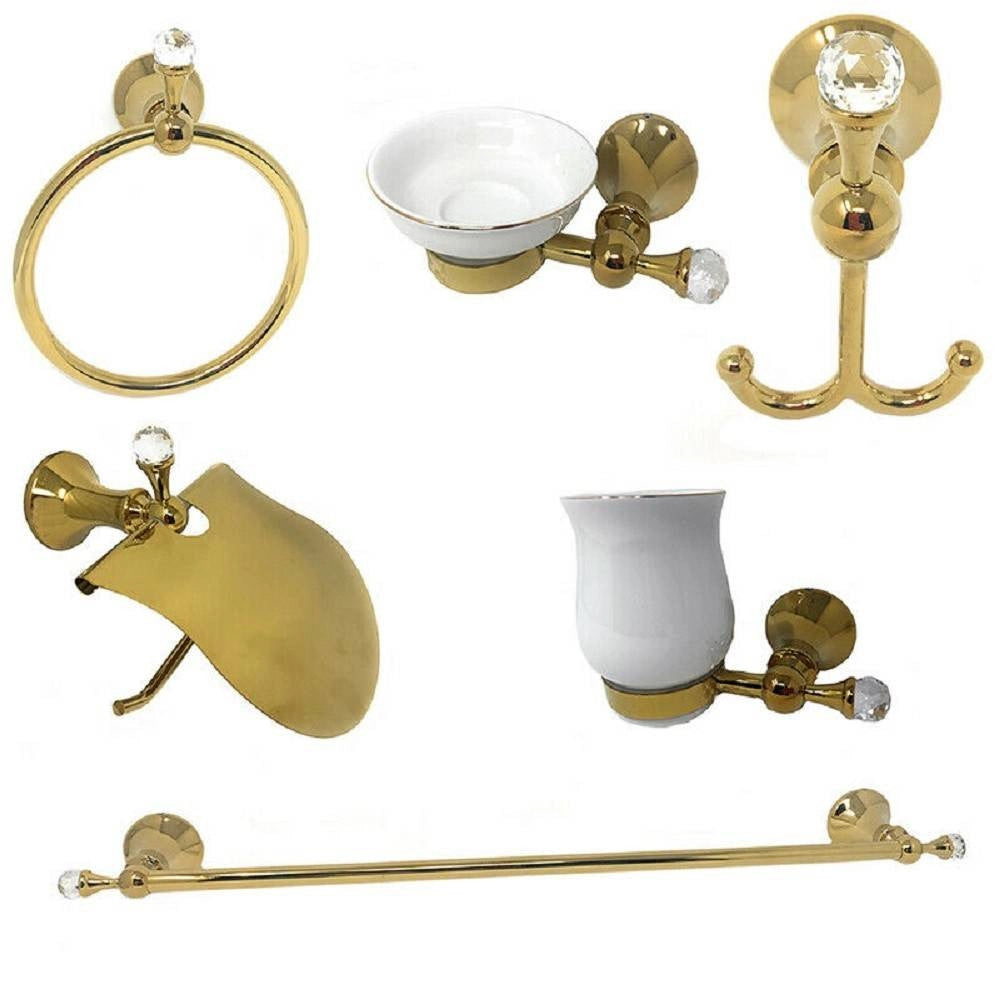 Trade Shop - Set 6 Accessori Da Bagno In Acciaio Oro E Ceramica Cristalli In Acrilico 59238 -