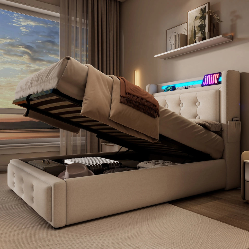Letto imbottito 90x200 con testiera LED, prese USB e contenitore