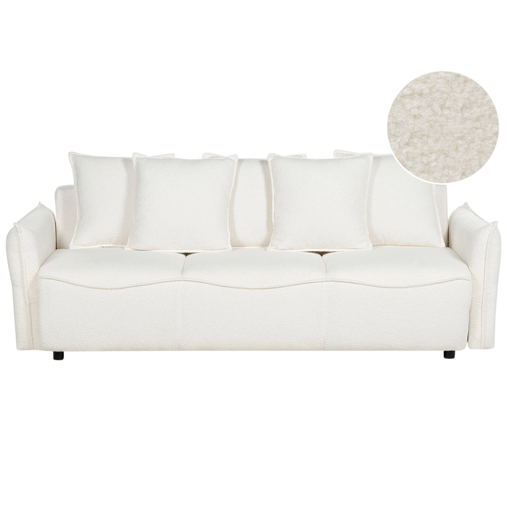 Divano letto in tessuto bouclé bianco convertibile con cuscini aggiuntivi rimovibili, con rivestimento in stile moderno e minimalista.
