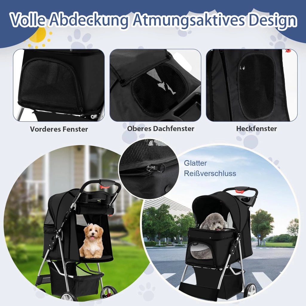 Passeggino per Cani e Gatti Pieghevole Fino 15 kg, Carrello per Animali Domestici, Trasportino Carrozzina Portatile da Viaggio e Passeggio con Tettuccio per Cuccioli, 87 x 46 x 102 cm (Nero)