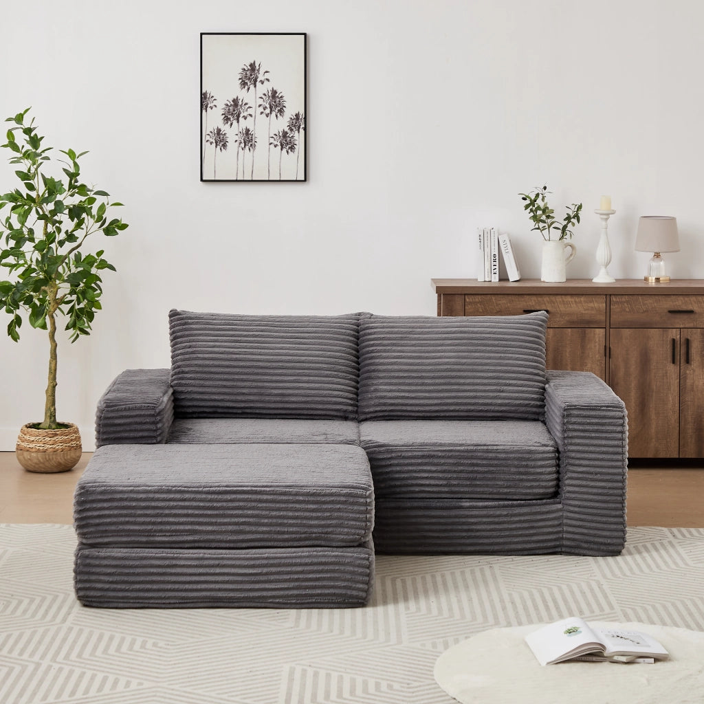 Divano letto modulare in corduroy con pouf removibile, braccioli quadrati e configurazione flessibile, grigio