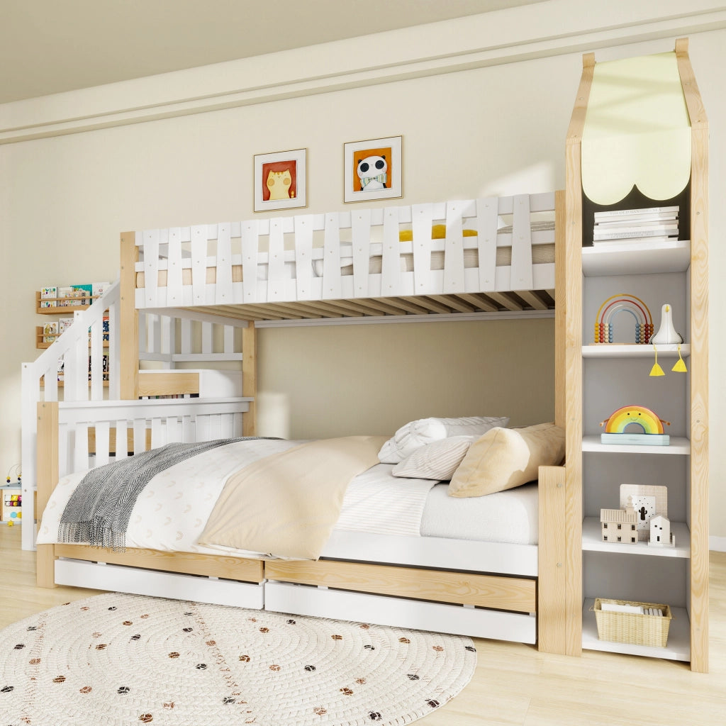Letto a castello 90×200 cm e 140×200 cm con scala contenitore; barriera e 2 cassetti; senza materasso