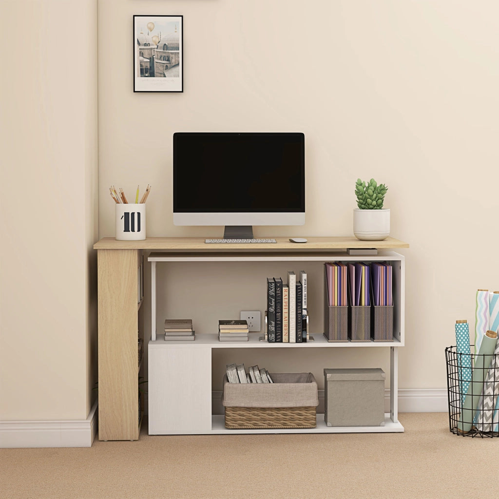 Scrivania angolare con libreria e scaffali ¨C zephmum ¨C bianco e legno naturale