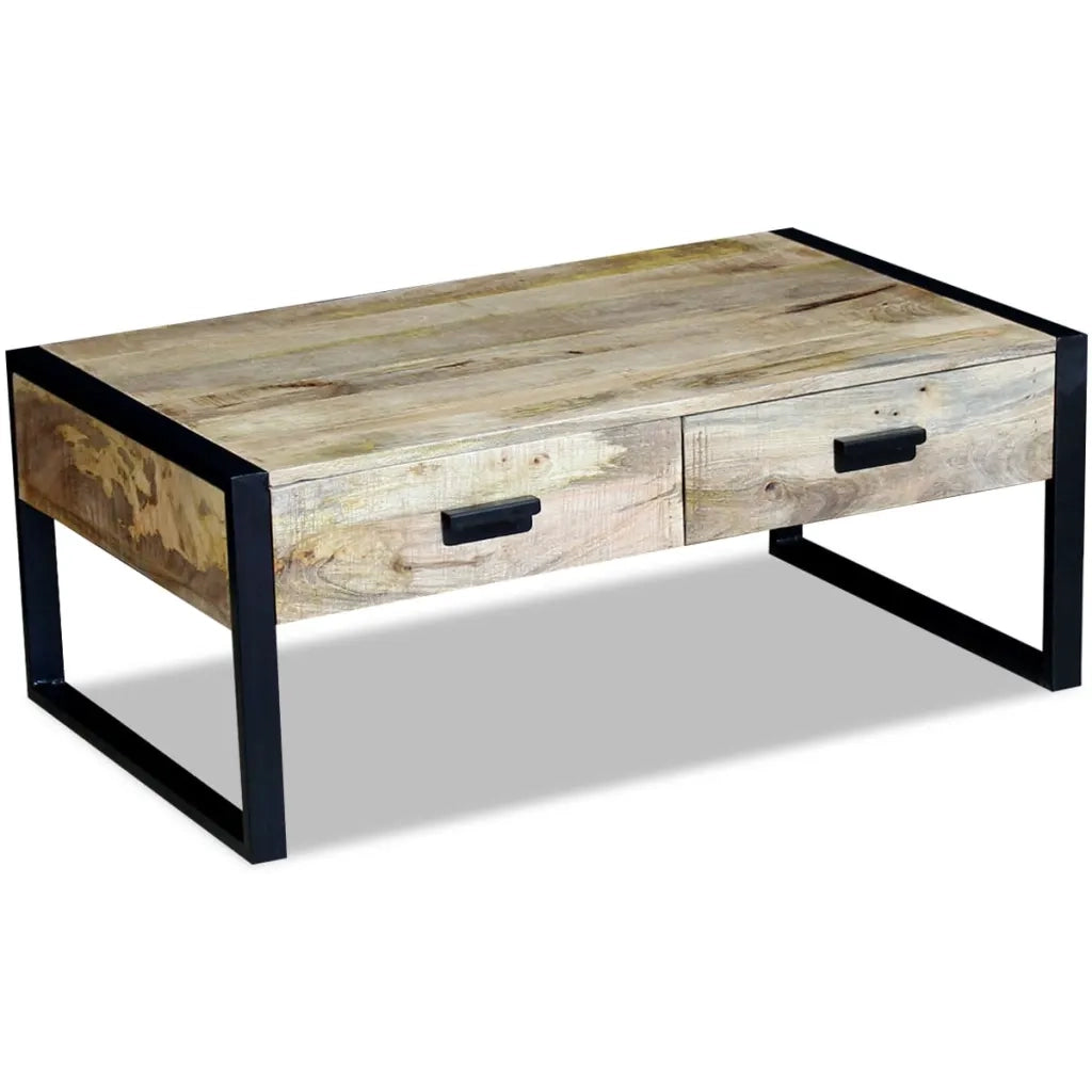 Tavolino da Salotto 2 Cassetti-Tavolino da soggiorno-Tavolo in Massello di Mango 100x60x40cm