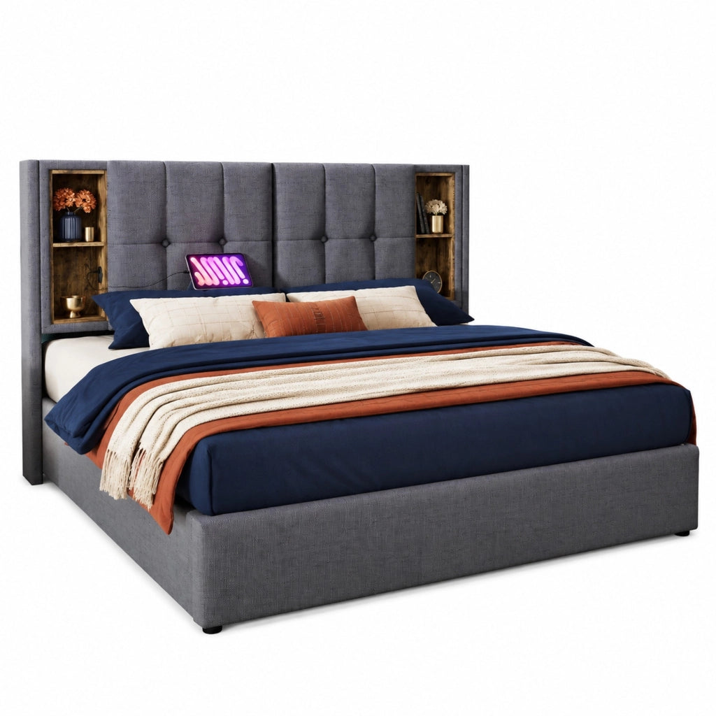 Letto matrimoniale imbottito 140x200 cm grigio con ricarica wireless; USB e vano contenitore