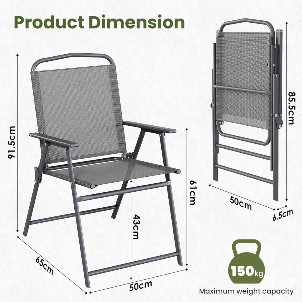 Set di 6 sedie da giardino pieghevoli con schienale, braccioli, sedie da terrazza, sedie da pranzo, fino a 150 kg, sedia pieghevole per campeggio, spiaggia, giardino, piscina, terrazza, grigio