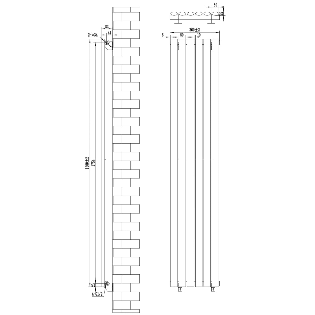 Radiatore Verticale Ovale 1800x360mm Bianco con Valvole TRV