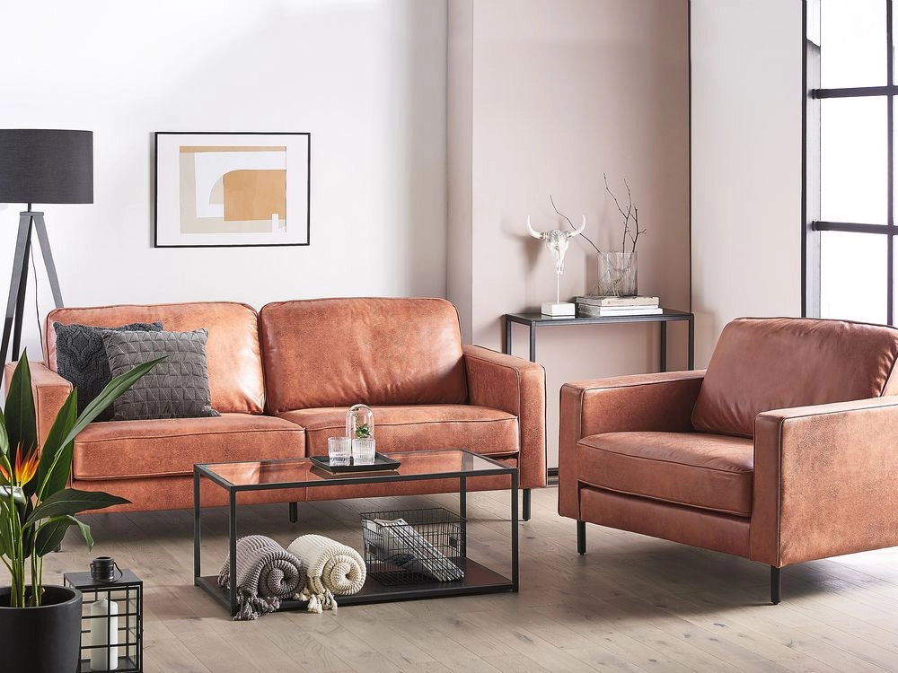 Set Divani Marrone Dorato Ecopelle Poliestere Divano A 3 Posti Poltrona Design Da Salotto Retrò